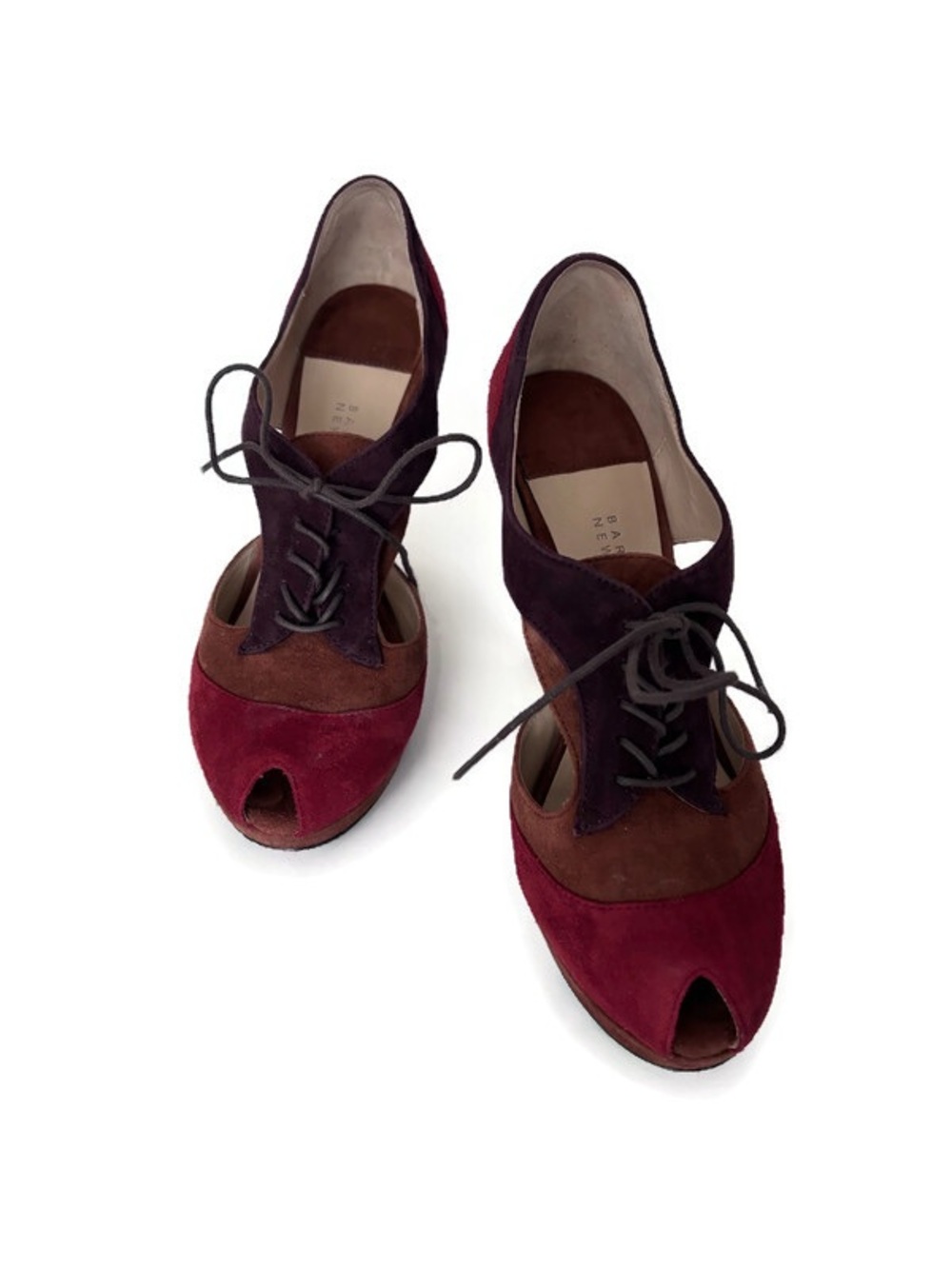 Barneys New York Burgundy, Brown and Plum Suede Oxford Lace-Up Peep-Toe Heels